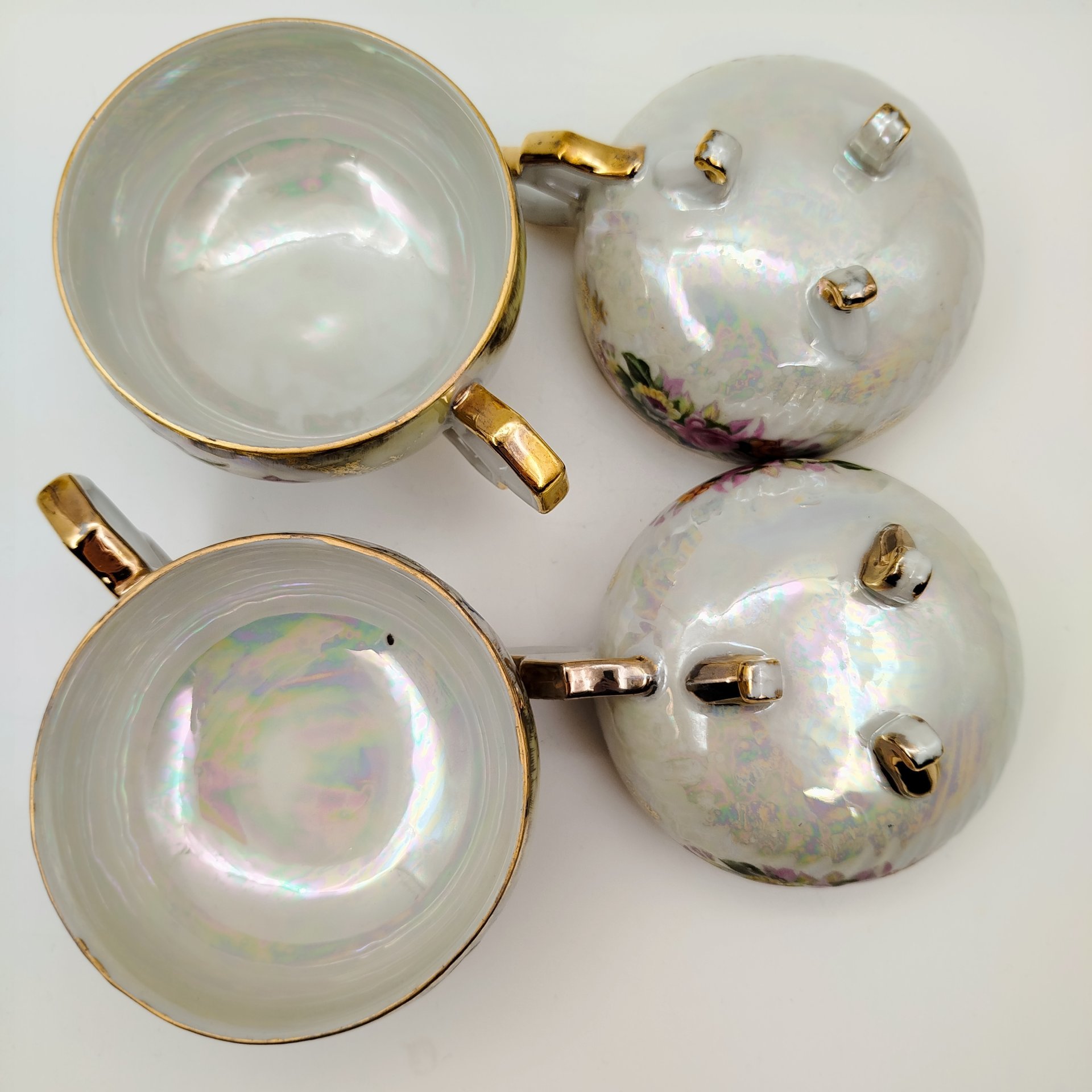 Набор чайных пар с цветочным декором на 4 персоны (в подборе), фарфор, люстр, деколь, золочение, Chodziez, Польша, 1970-1990 гг.