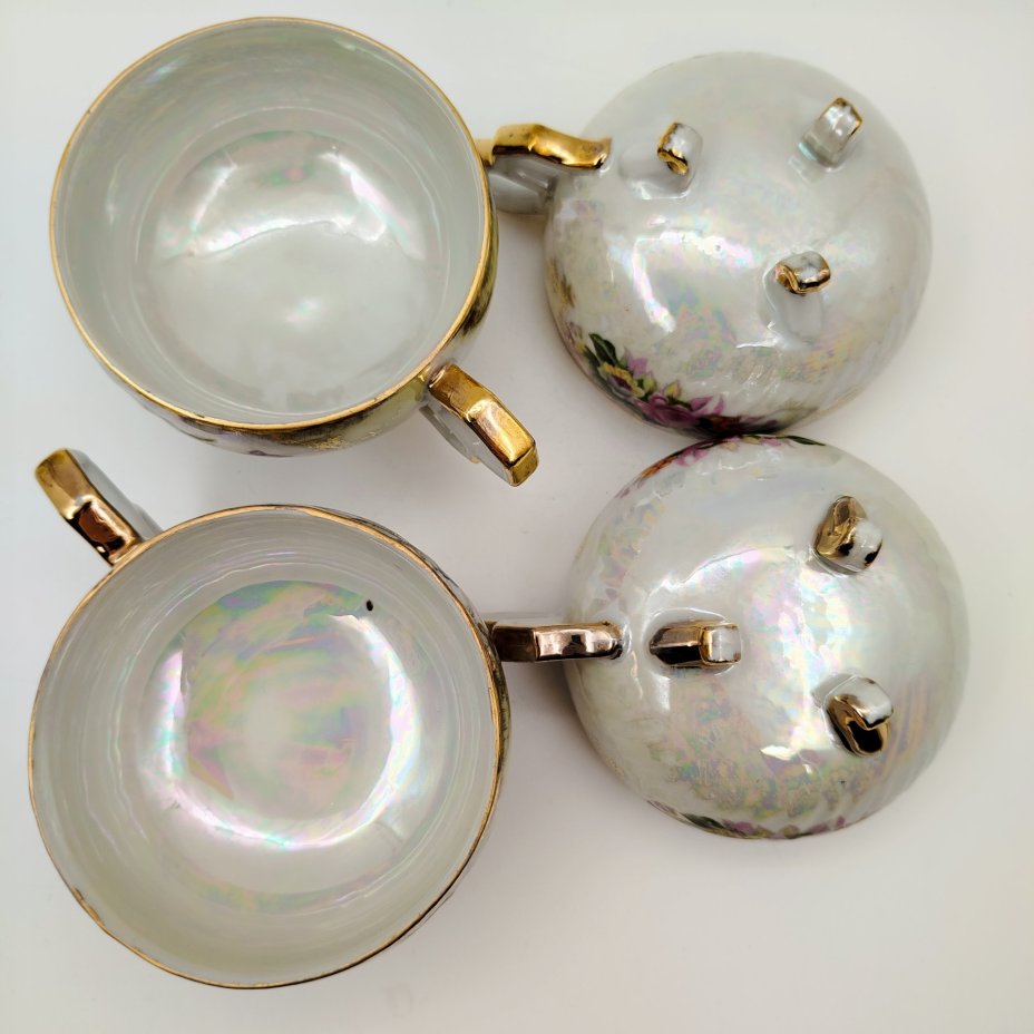 Набор чайных пар с цветочным декором на 4 персоны (в подборе), фарфор, люстр, деколь, золочение, Chodziez, Польша, 1970-1990 гг.