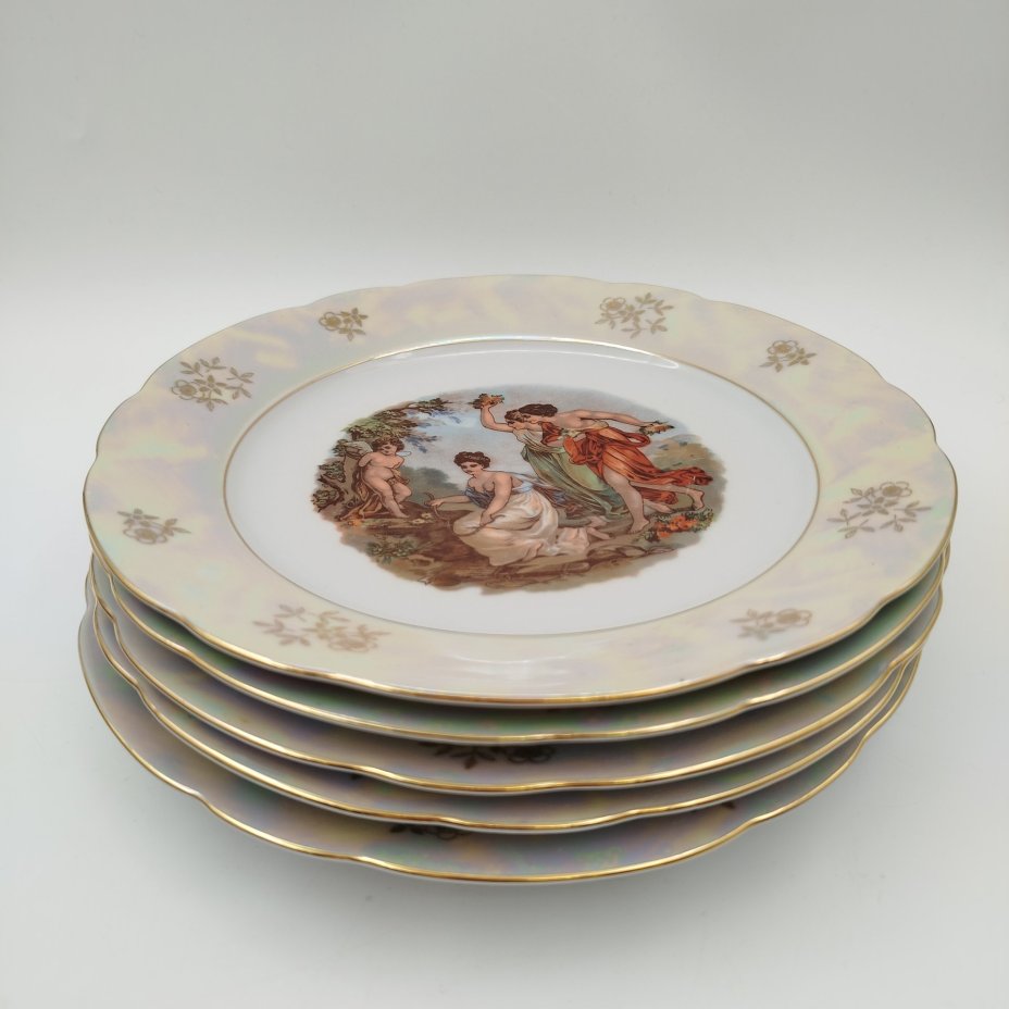 Набор из 5 обеденных тарелок "Мадонна", фарфор, деколь, люстр, золочение, Kahla, ГДР, 1960-1980 гг.