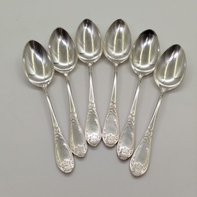 Набор из шести чайных ложек с растительным декором, мНЦ (медь-никель-цинк), Вольнянский завод столовых приборов им. Шевченко (ЗiШ, ЗиШ), СССР, 1960-1990 гг.