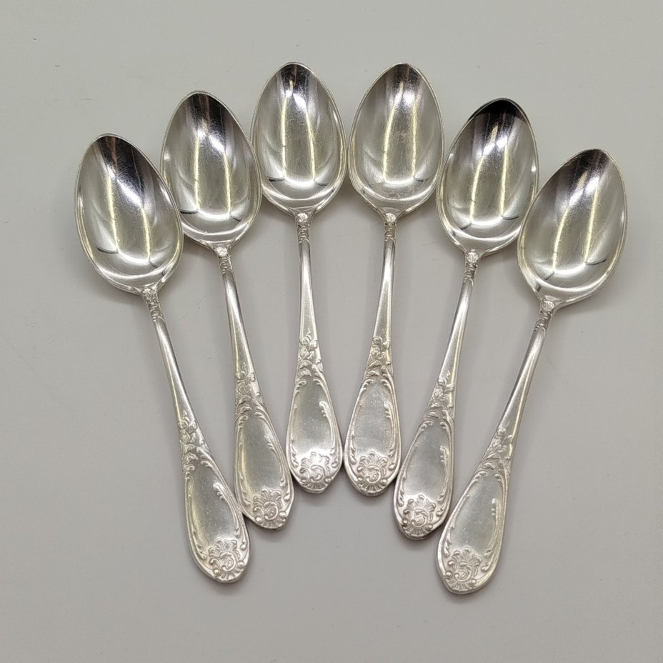 Набор из шести чайных ложек с растительным декором, мНЦ (медь-никель-цинк), Вольнянский завод столовых приборов им. Шевченко (ЗiШ, ЗиШ), СССР, 1960-1990 гг.