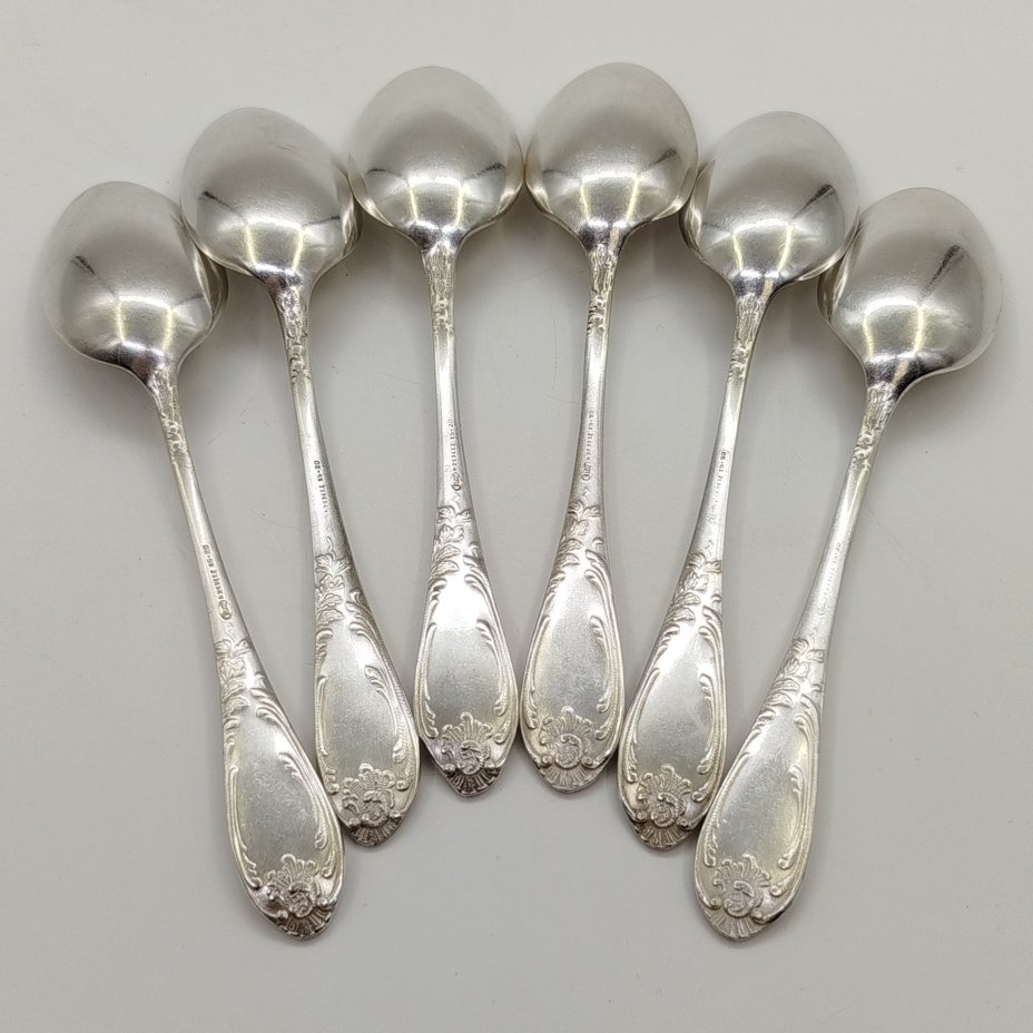 Набор из шести чайных ложек с растительным декором, мНЦ (медь-никель-цинк), Вольнянский завод столовых приборов им. Шевченко (ЗiШ, ЗиШ), СССР, 1960-1990 гг.