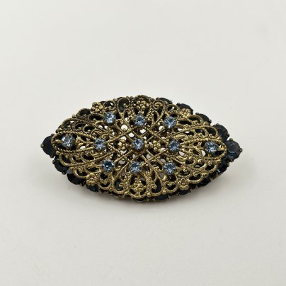Брошь винтажная овальной формы, со вставками голубого цвета, металл, золочение, стекло, Чехословакия, 1950-1960 гг.