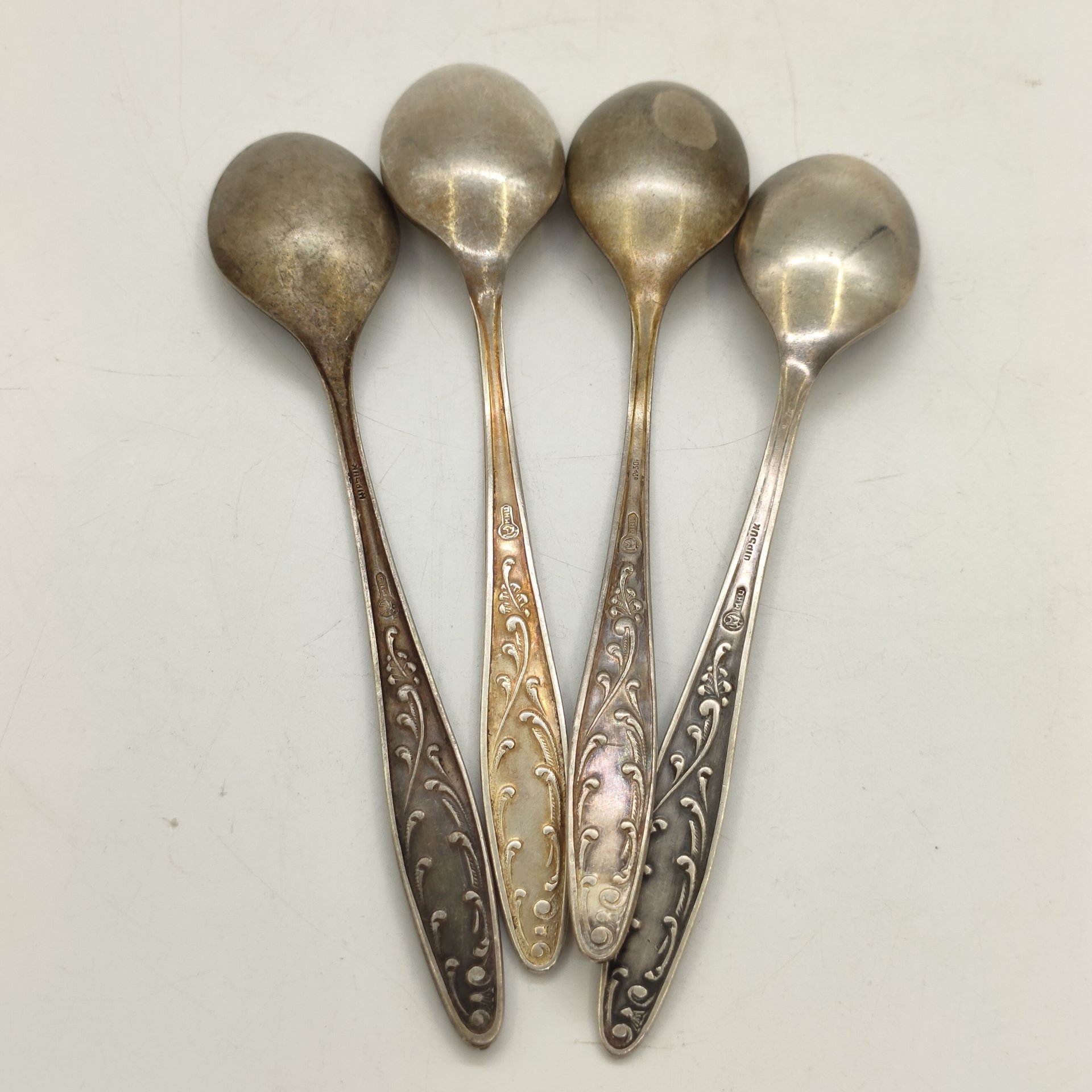 Набор чайных ложек "Пламя" на 4 персоны (в подборе), мНЦ (медь-никель-цинк), Кольчугинский завод цветных металлов, СССР, 1962-1991 гг.