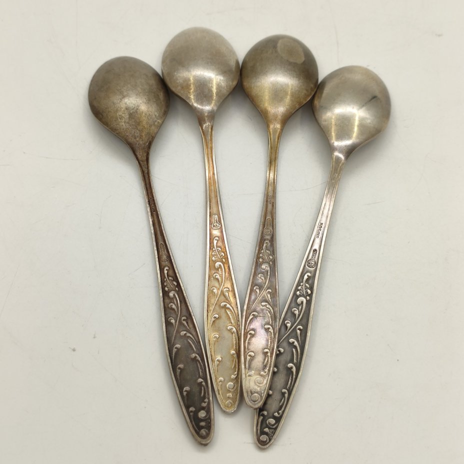 Набор чайных ложек "Пламя" на 4 персоны (в подборе), мНЦ (медь-никель-цинк), Кольчугинский завод цветных металлов, СССР, 1962-1991 гг.