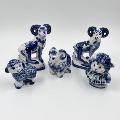 Набор "Барашки" из 5 статуэток (в подборе), Гжель, фарфор, роспись