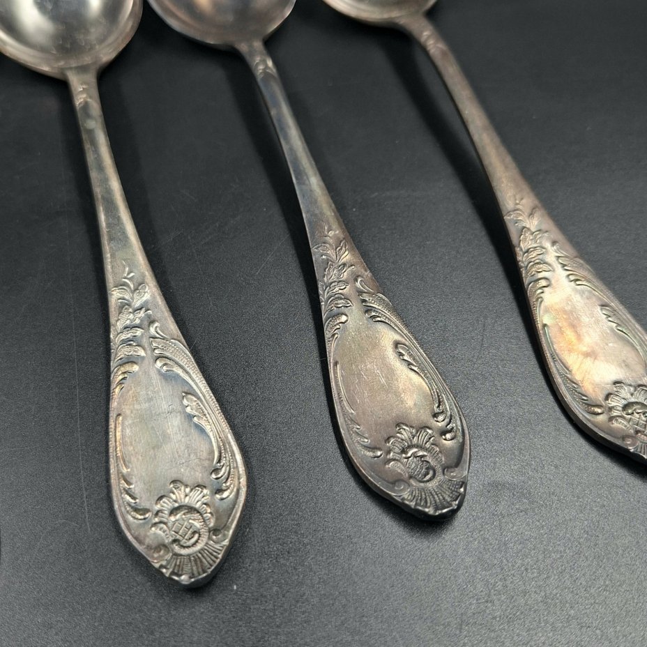 Набор из шести столовых ложек с растительным декором в оригинальной коробке, мНЦ (медь-никель-цинк), картон, Вольнянский завод столовых приборов им. Шевченко (ЗiШ, ЗиШ), СССР, 1960-1980 гг.