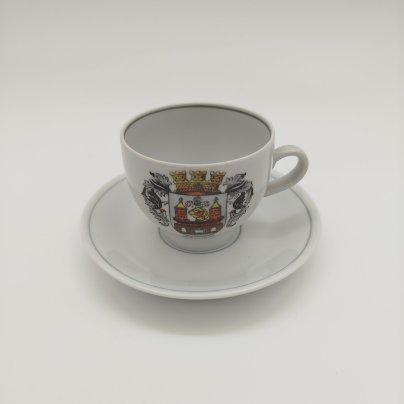 Кофейная пара сувенирная, украшенная гербом города Demmin, фарфор, деколь, обводка, Kahla, ГДР, 1964-1972 гг.