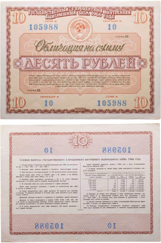 Облигация 10 рублей 1966 Государственный 3-процентный внутренний выигрышный заем