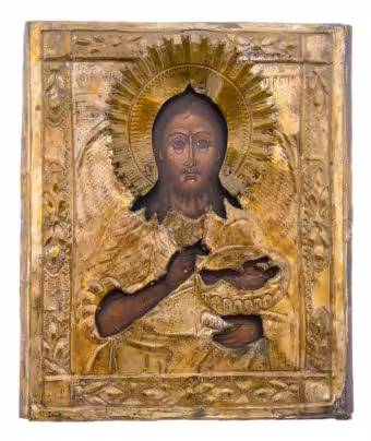 Икона "Иоанна Предтеча" в окладе, дерево, темпера, Российская Империя, 1850-1900 гг.