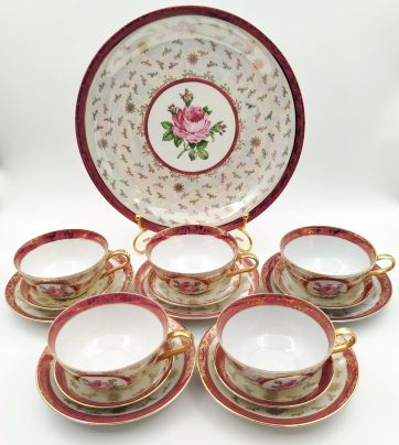 Набор чайный "Роза" на 5 персон (чайные трио и сервировочное блюдо), фарфор, деколь, крытье, люстр, золочение, Volkstedt Beyer & Bock, ГДР, 1968-1990 гг.