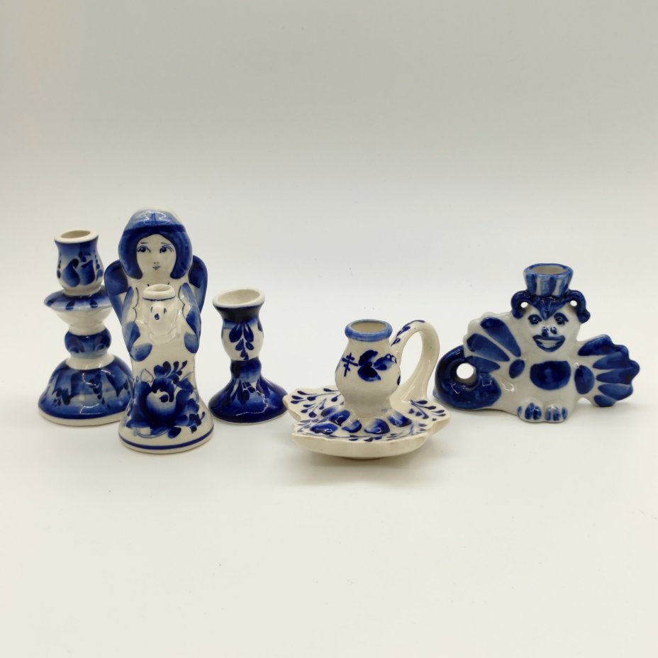 Набор из 5-ти подсвечников разных форм, Гжель, фарфор, роспись, Россия, 1990-2010 гг.