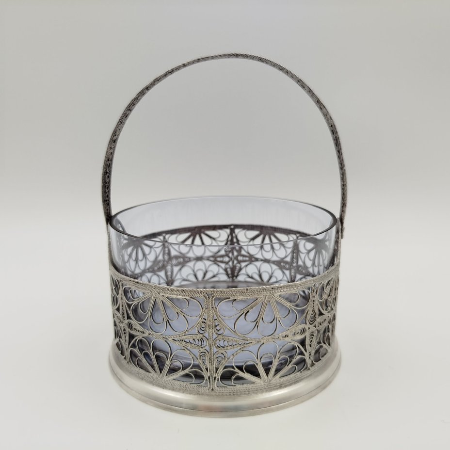 Сахарница на подставке с ручкой, мНЦ (медь-никель-цинк), стекло, Мстерская художественная фабрика  «Ювелир», Мстерская художественная фабрика  «Ювелир»