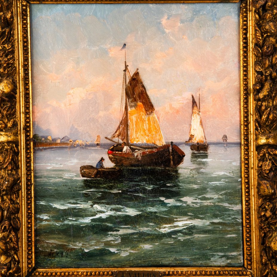 Картина "Морской пейзаж с парусниками", оформленная в раму, художник J. Vallon, холст, масло, дерево, мастика, золочение, металл, Западная Европа, 1870-1900 гг.
