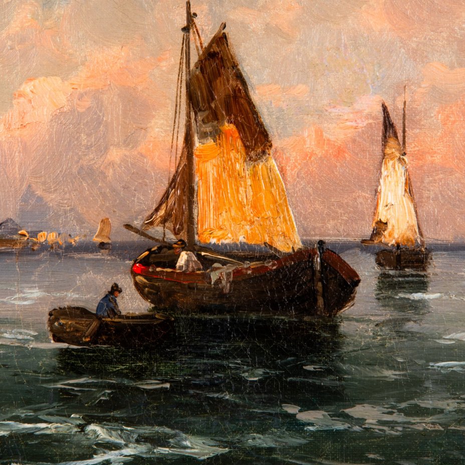Картина "Морской пейзаж с парусниками", оформленная в раму, художник J. Vallon, холст, масло, дерево, мастика, золочение, металл, Западная Европа, 1870-1900 гг.
