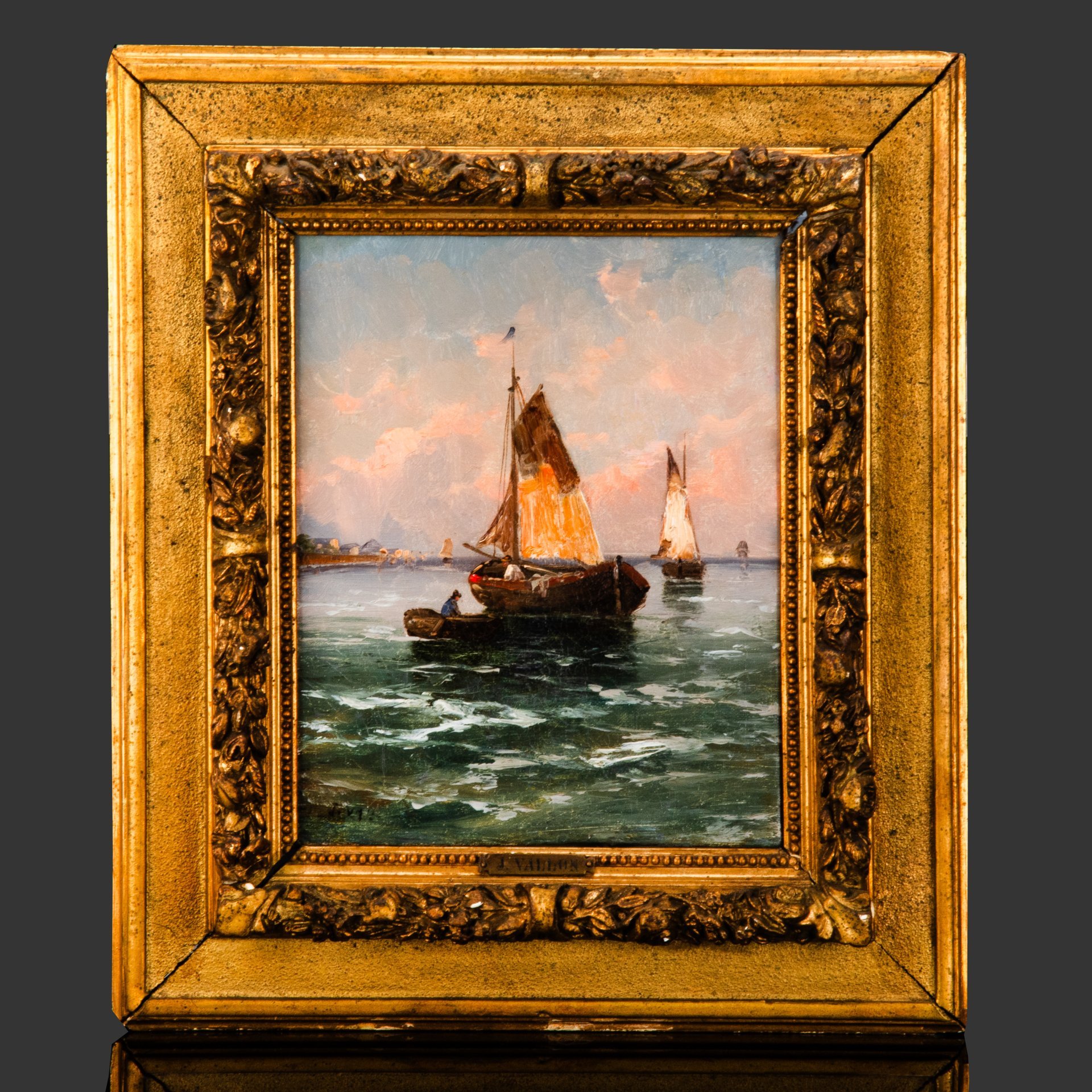 Картина "Морской пейзаж с парусниками", оформленная в раму, художник J. Vallon