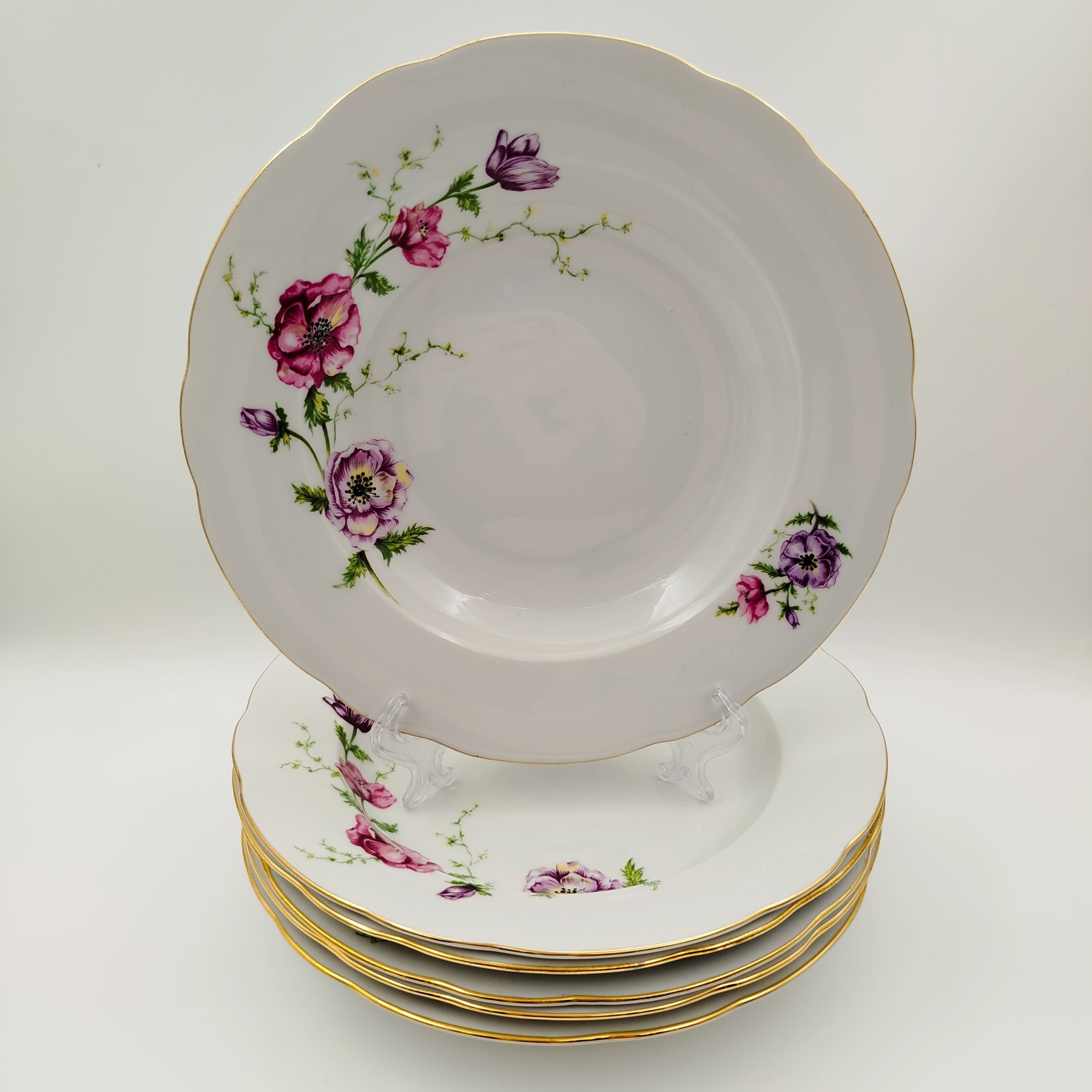 Набор из 6-ти суповых тарелок с цветочным декором, "Gebrüder Benedikt", фарфор, деколь, золочение, Чехословакия, 1960-1990 гг.