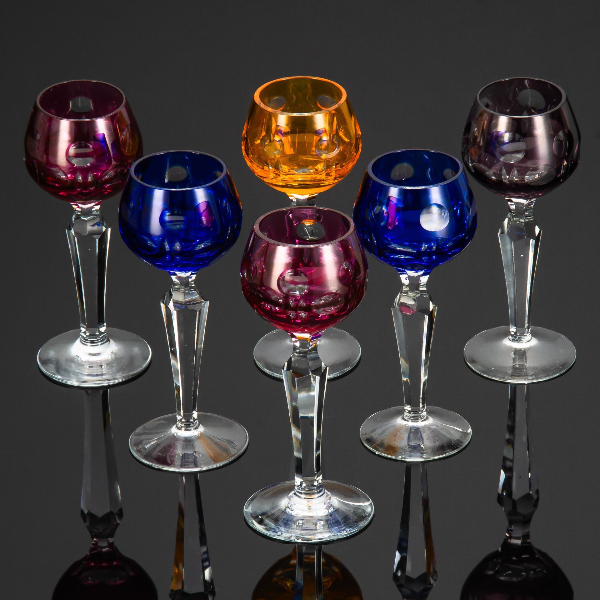 Набор бокалов (рюмок) для крепленых вин на 6 персон, с декором в виде линз, хрусталь, алмазная грань, Германия, 1970-1990 гг.