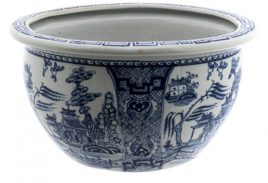 Кашпо с пейзажным декором, фаянс, роспись, Китай, 1980-2000 гг.