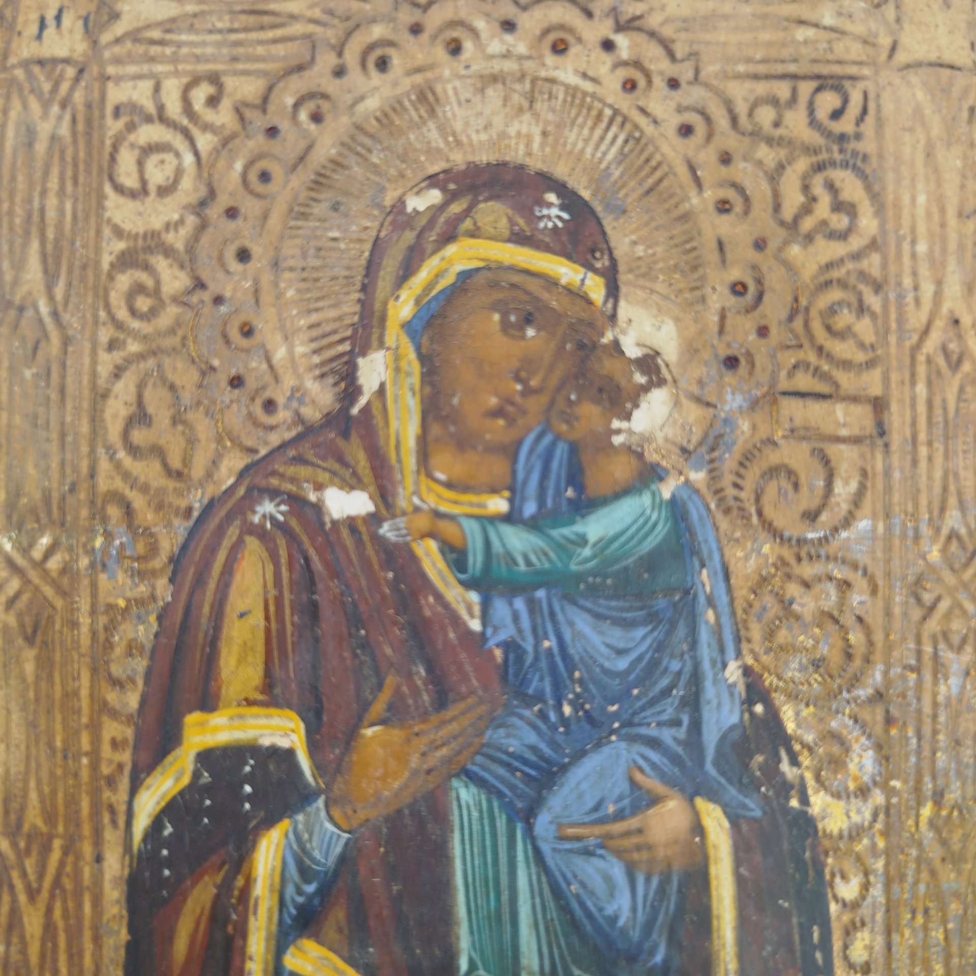 Толгская икона Божией Матери (с дарственной надписью на обороте), дерево, левкас, цировка, темпера, золочение, Российская империя, 1889 г.