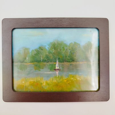 Этюд "Летний пейзаж с парусником" в раме, на обороте надпись "Нисский Г.Г. 1939"