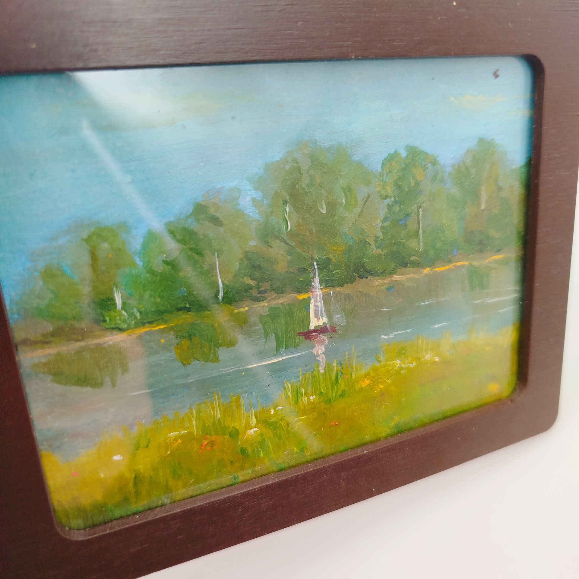 Этюд "Летний пейзаж с парусником" в раме, на обороте надпись "Нисский Г.Г. 1939"