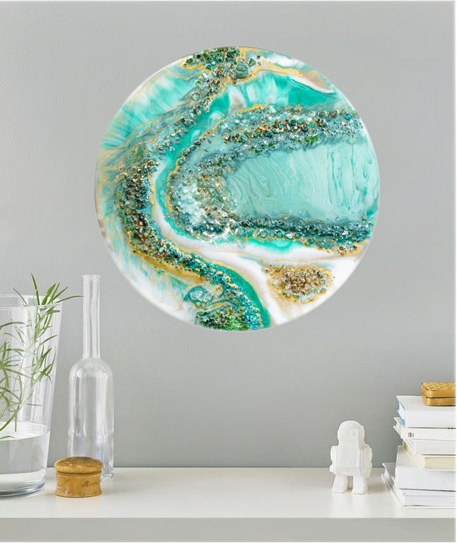 Панно настенное декоративное "Малахитовый срез", авторская работа в технике Resin Art, глянцевое 3D покрытие, натуральный камень, Россия, 2020 г.