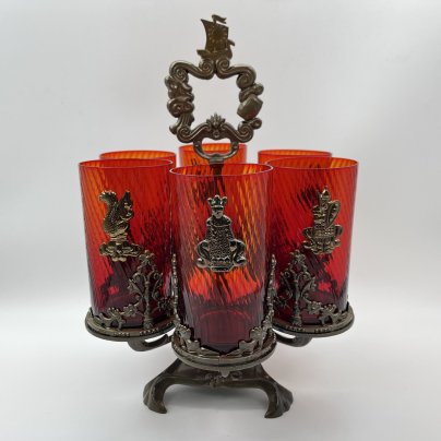 Набор стаканов на подставке "Сказка о царе Салтане" ("Сказки А.С. Пушкина") на 6 персон, стекло, металл, СССР, 1970-1990 гг.