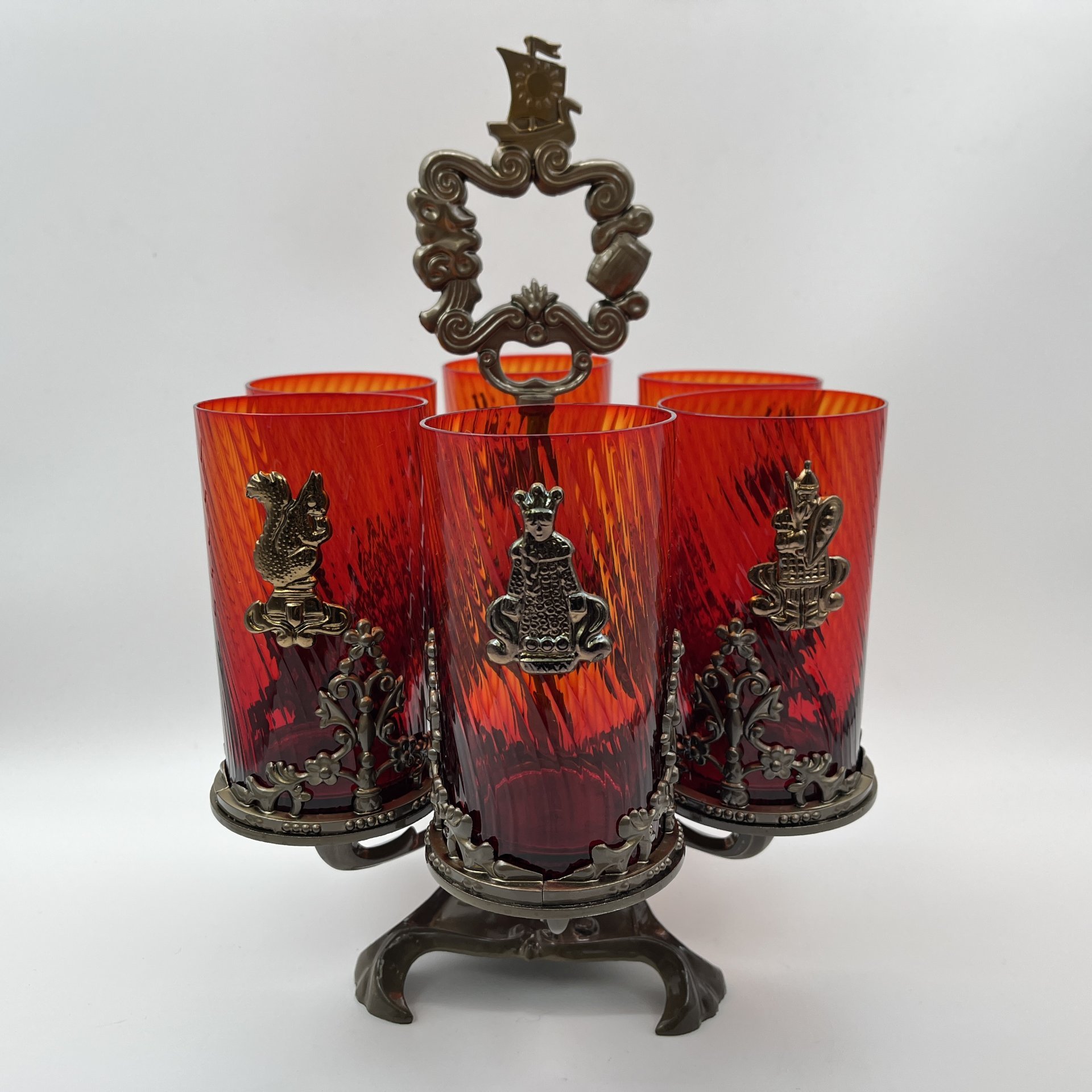 Набор стаканов на подставке "Сказка о царе Салтане" ("Сказки А.С. Пушкина") на 6 персон, стекло, металл, СССР, 1970-1990 гг.