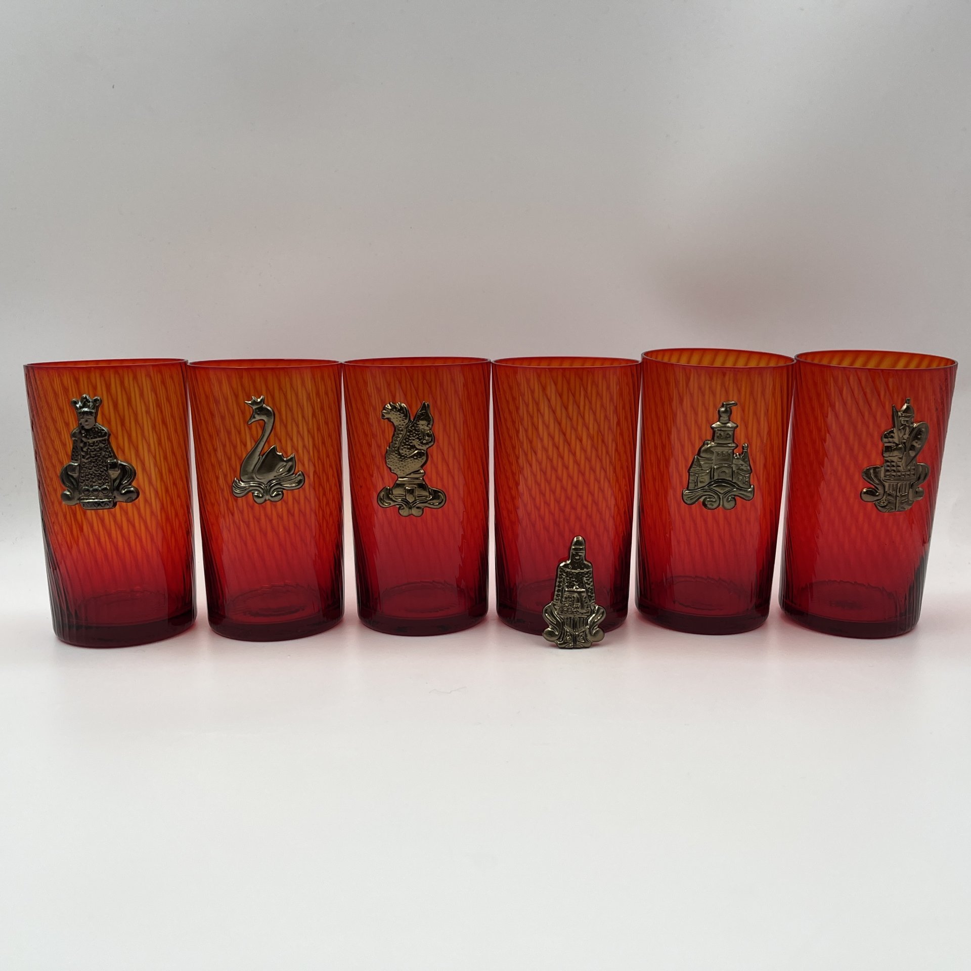 Набор стаканов на подставке "Сказка о царе Салтане" ("Сказки А.С. Пушкина") на 6 персон, стекло, металл, СССР, 1970-1990 гг.