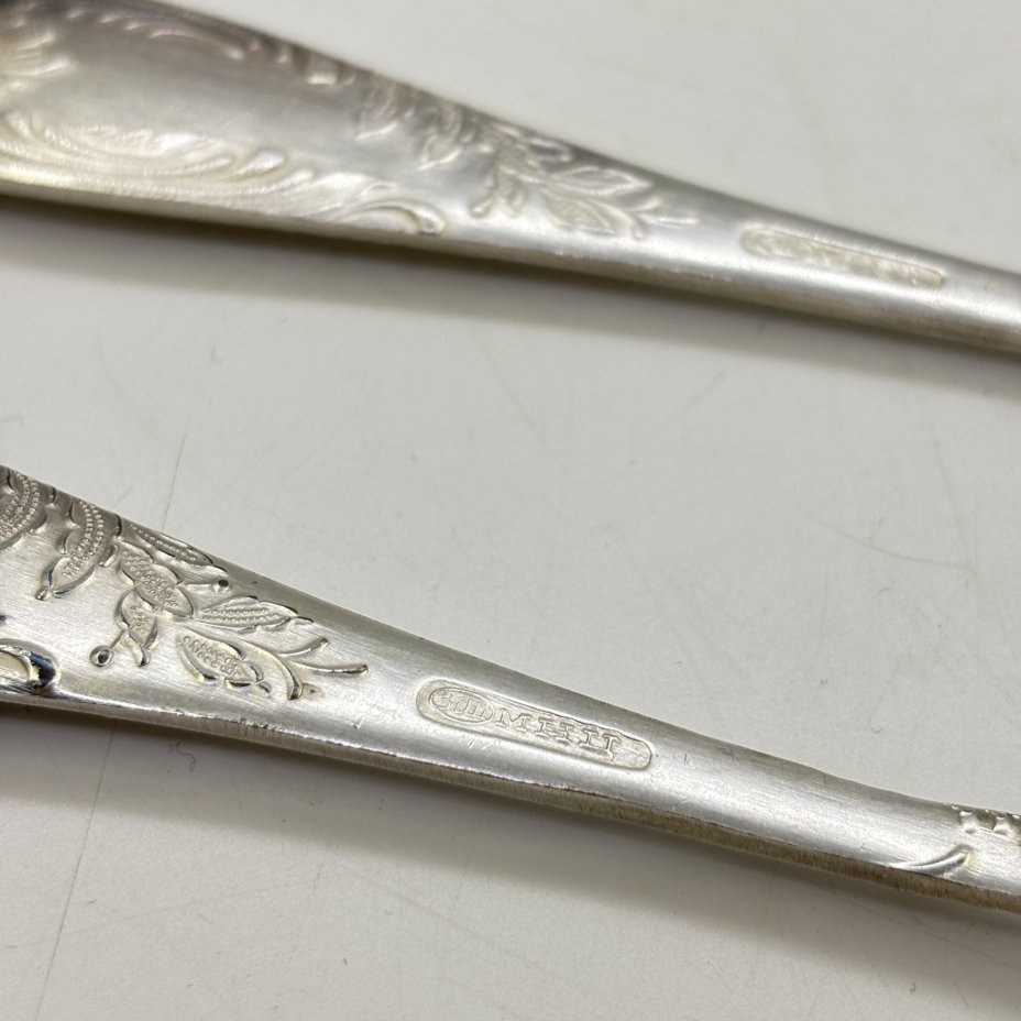 Набор из шести столовых ложек с растительным декором, мНЦ (медь-никель-цинк), серебрение, Вольнянский завод столовых приборов им. Шевченко (ЗiШ, ЗиШ), СССР, 1960-1990 гг.