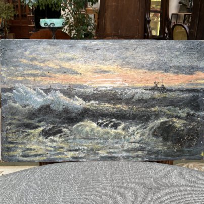 Картина  "Морской пейзаж с военными кораблями" (на обороте изображены цветы)