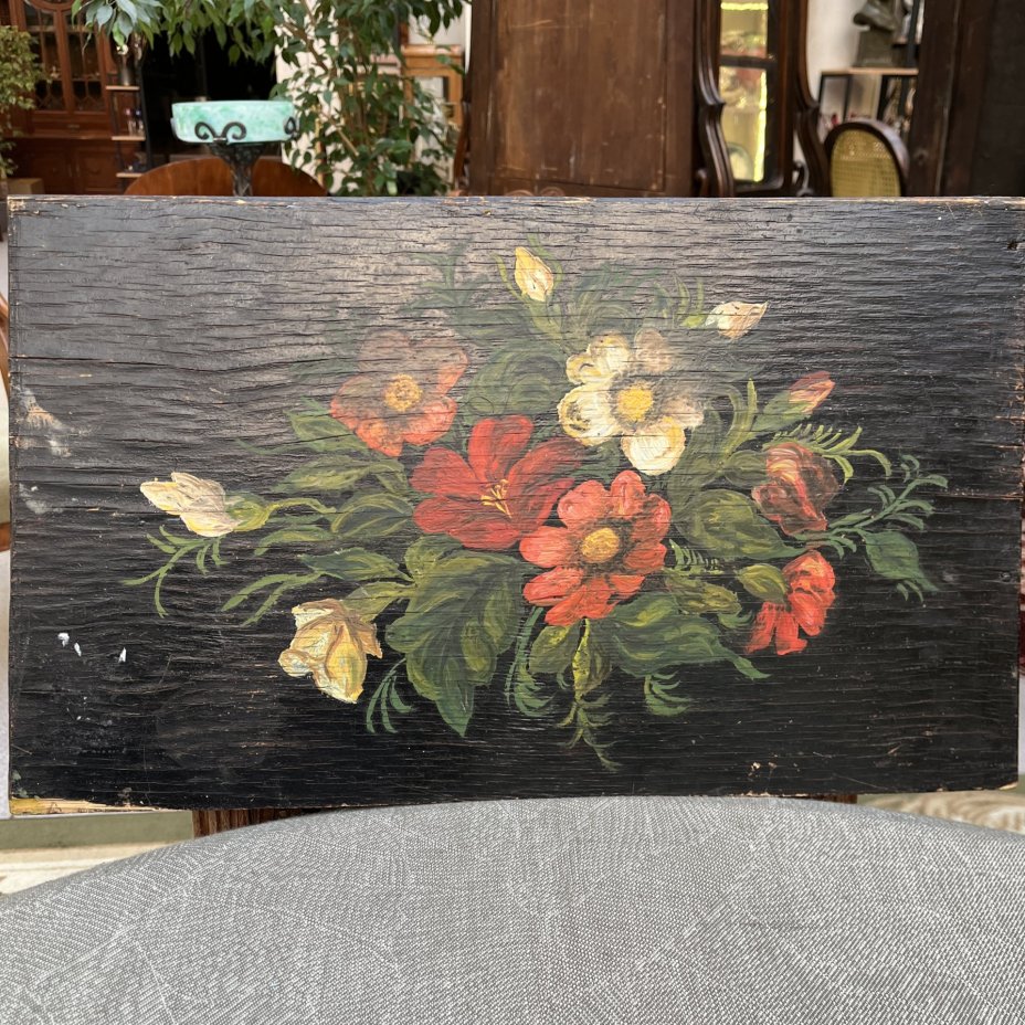 Картина  "Морской пейзаж с военными кораблями" (на обороте изображены цветы)