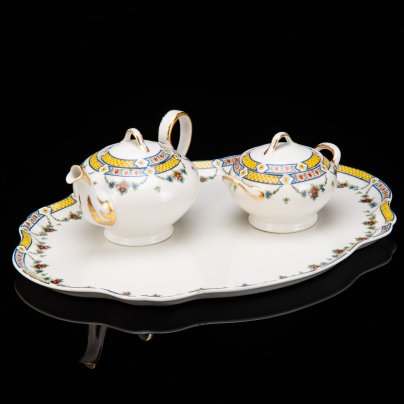 Набор чайный с цветочным декором в стиле Art Deco (3 предмета), Tressemanes & Vogt, Raynaud & Co (для магазина в г. Антверпен), фарфор, деколь, золочение, Limoges, Франция, 1919-1928 гг.