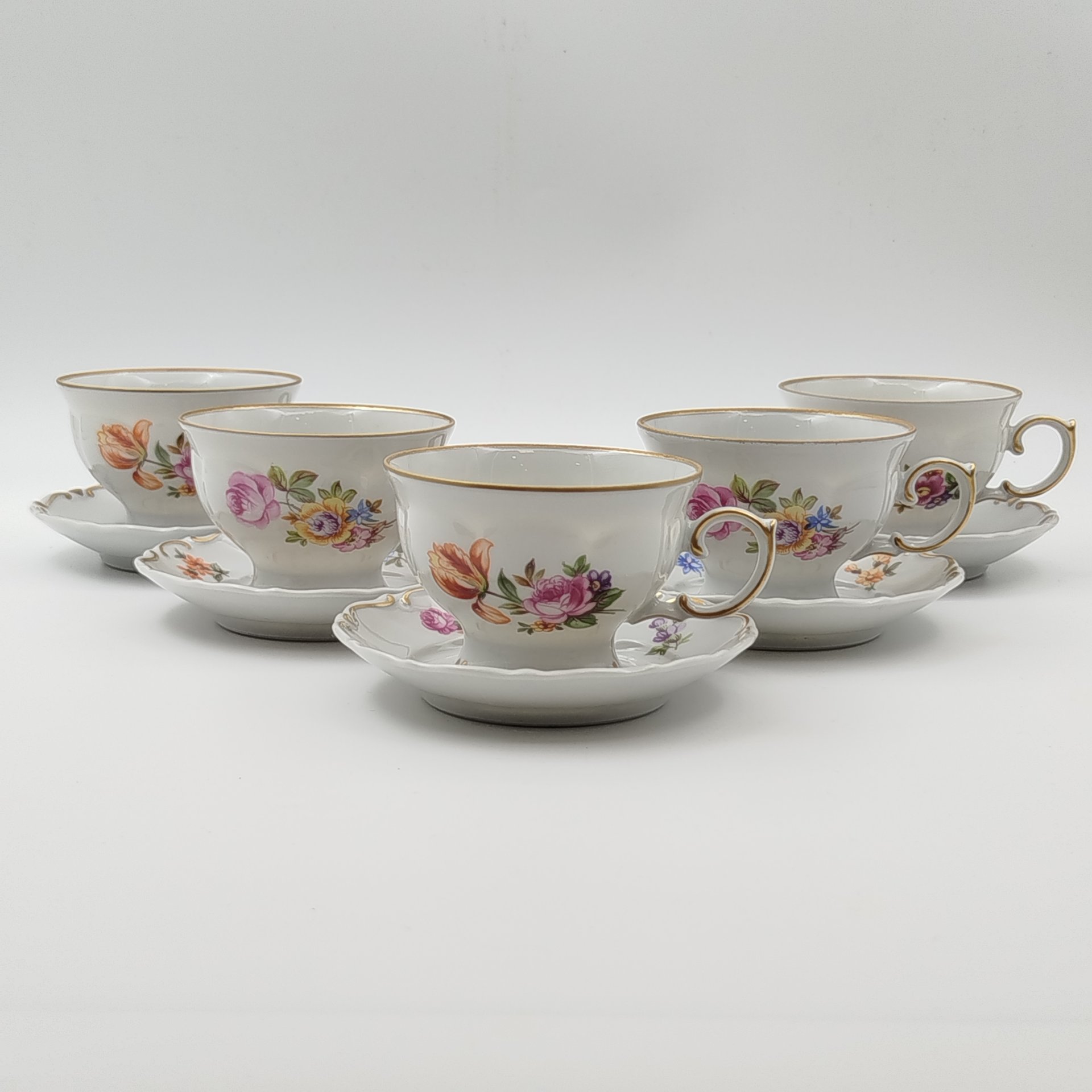 Сервиз кофейный с цветочным декором на 5 персон (13 предметов), фарфор, деколь, золочение, Lichte Porzellan (Лихте), ГДР, 1976-1990 гг.