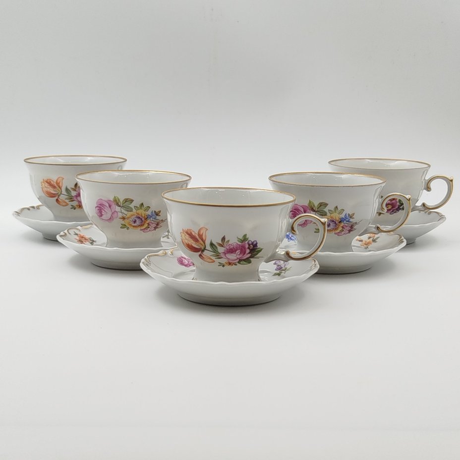 Сервиз кофейный с цветочным декором на 5 персон (13 предметов), фарфор, деколь, золочение, Lichte Porzellan (Лихте), ГДР, 1976-1990 гг.