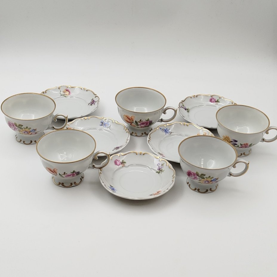 Сервиз кофейный с цветочным декором на 5 персон (13 предметов), фарфор, деколь, золочение, Lichte Porzellan (Лихте), ГДР, 1976-1990 гг.