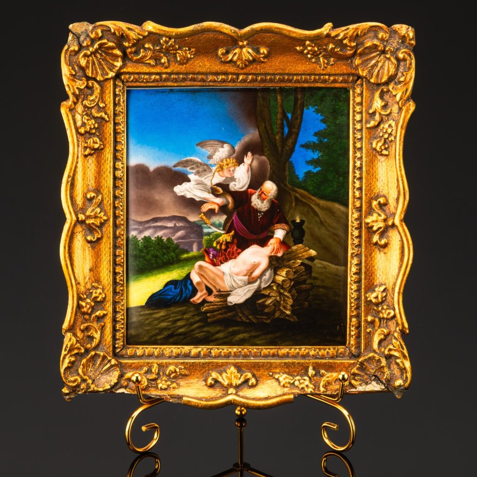 Фарфоровый пласт на библейский сюжет в раме "Жертвоприношение Авраама" по мотивам одноименной картины Рембрандта 1635 года, художник Albert Knötschke, предположительно KPM (Königliche Porzellan-Manufaktur), фарфор, роспись, дерево, Германия, 1848 г.