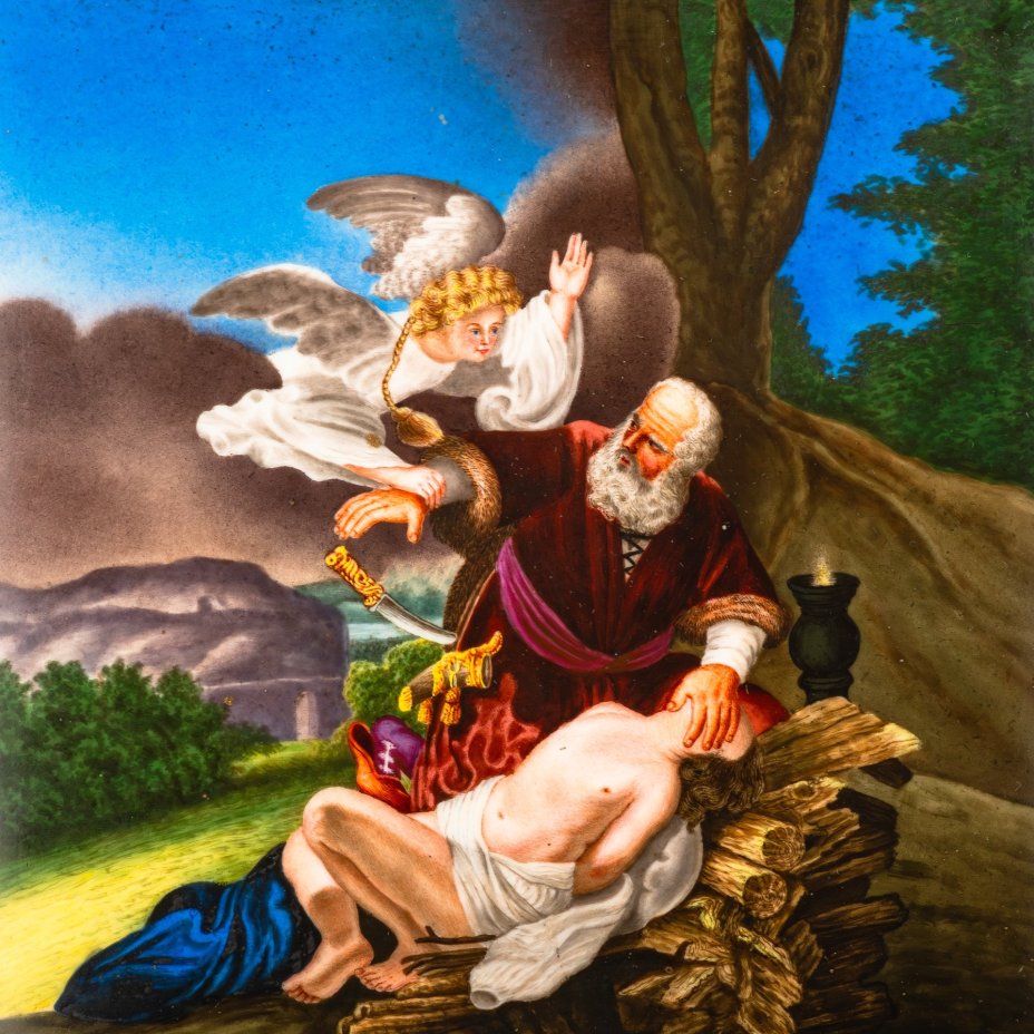 Фарфоровый пласт на библейский сюжет в раме "Жертвоприношение Авраама" по мотивам одноименной картины Рембрандта 1635 года, художник Albert Knötschke, предположительно KPM (Königliche Porzellan-Manufaktur)