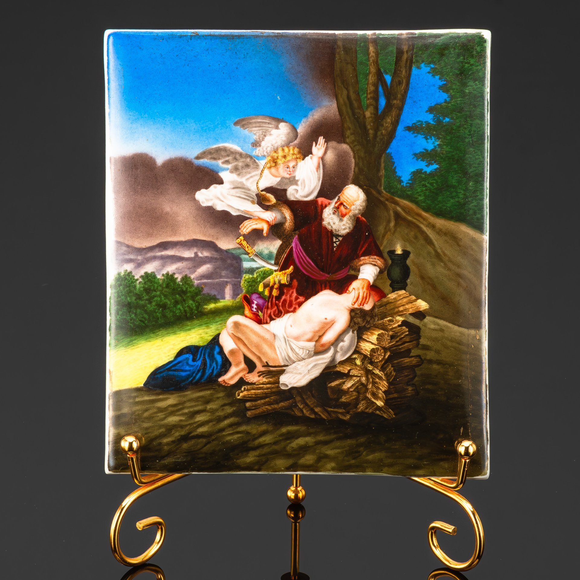 Фарфоровый пласт на библейский сюжет в раме "Жертвоприношение Авраама" по мотивам одноименной картины Рембрандта 1635 года, художник Albert Knötschke, предположительно KPM (Königliche Porzellan-Manufaktur), фарфор, роспись, дерево, Германия, 1848 г.