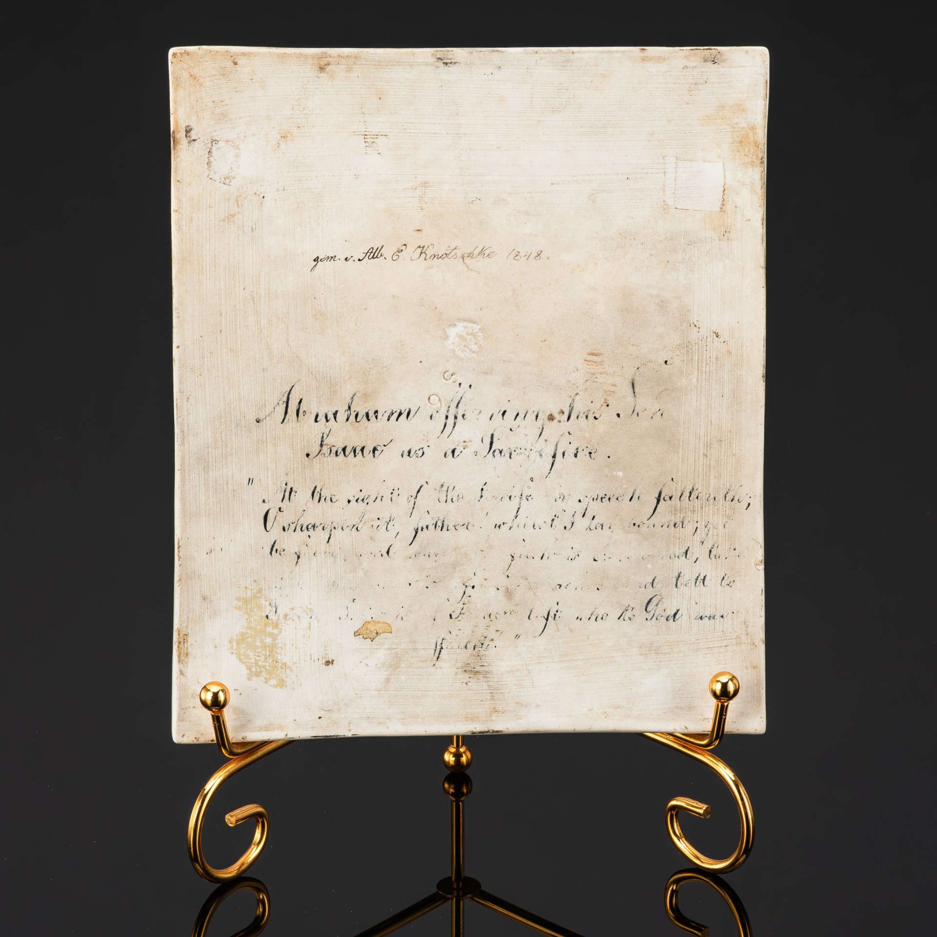 Фарфоровый пласт на библейский сюжет в раме "Жертвоприношение Авраама" по мотивам одноименной картины Рембрандта 1635 года, художник Albert Knötschke, предположительно KPM (Königliche Porzellan-Manufaktur), фарфор, роспись, дерево, Германия, 1848 г.