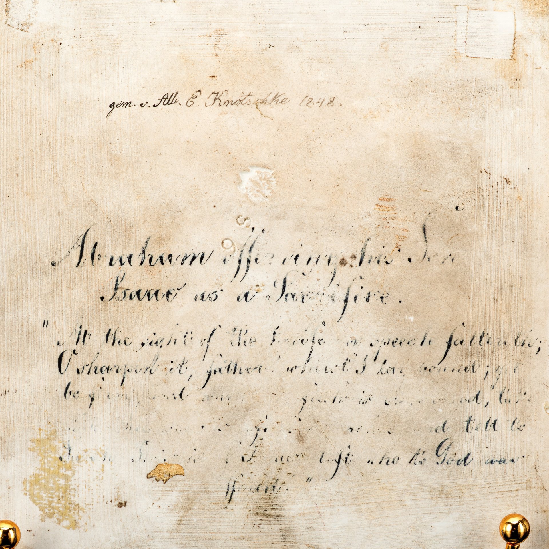 Фарфоровый пласт на библейский сюжет в раме "Жертвоприношение Авраама" по мотивам одноименной картины Рембрандта 1635 года, художник Albert Knötschke, предположительно KPM (Königliche Porzellan-Manufaktur), фарфор, роспись, дерево, Германия, 1848 г.