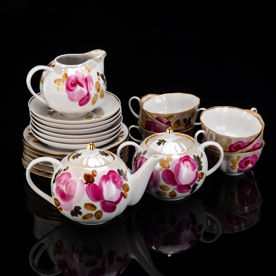 Сервиз чайный с цветочным декором на 6 персон (21 предмет), фарфор, роспись, люстр, золочение, Дулевский фарфоровый завод (Дулёво), Россия, 1989 г.