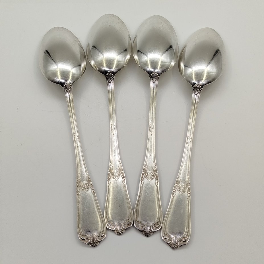 Набор из 4-х столовых ложек с растительным декором, мНЦ (медь-никель-цинк), Киевский завод столовых приборов и посуды им. Дзержинского (ЗiД, ЗиД), СССР, 1950-1960 гг.