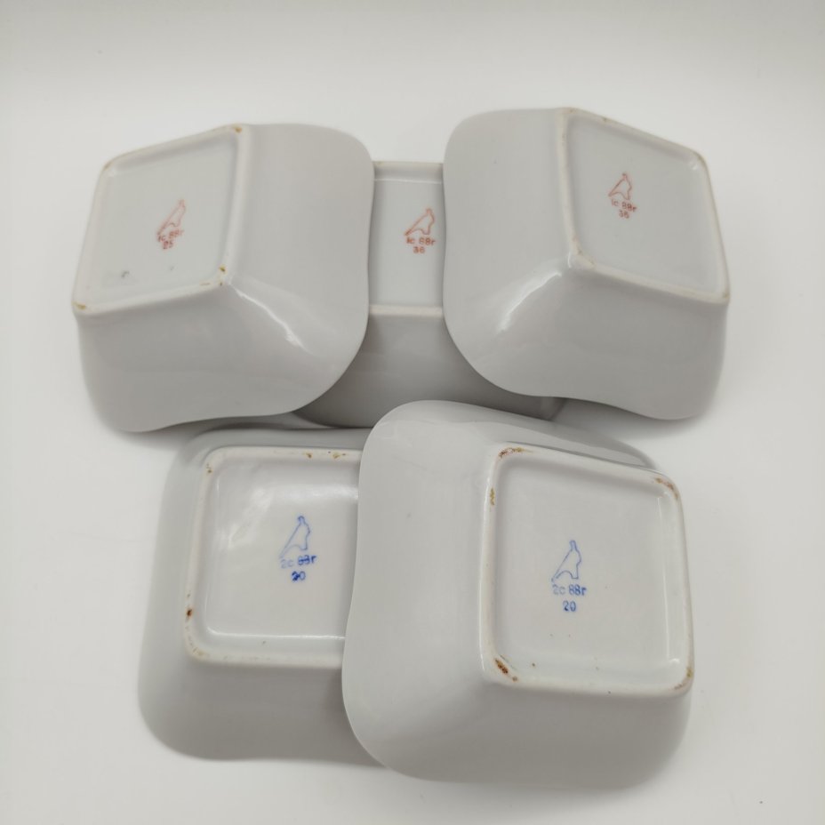 Набор из 5-ти салатников с цветочным декором, фарфор, деколь, золочение, Дулевский фарфоровый завод (Дулёво), СССР, 1988 г.