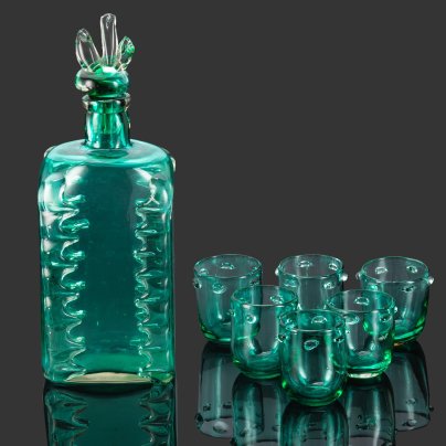 Штоф (графин) и 6 стопок, стекло, гутная техника, Львовская керамико-скульптурная фабрика (ЛКСФ), СССР, 1960-1980 гг.