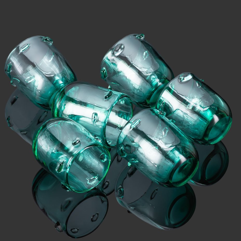 Штоф (графин) и 6 стопок, стекло, гутная техника, Львовская керамико-скульптурная фабрика (ЛКСФ), СССР, 1960-1980 гг.