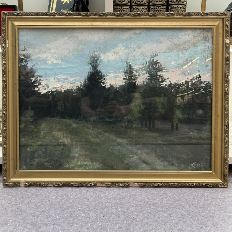 Картина в раме "Сумерки", автор Гребенщиков Е. Ц., картон, масло, дерево, стекло, СССР, 1967 г.