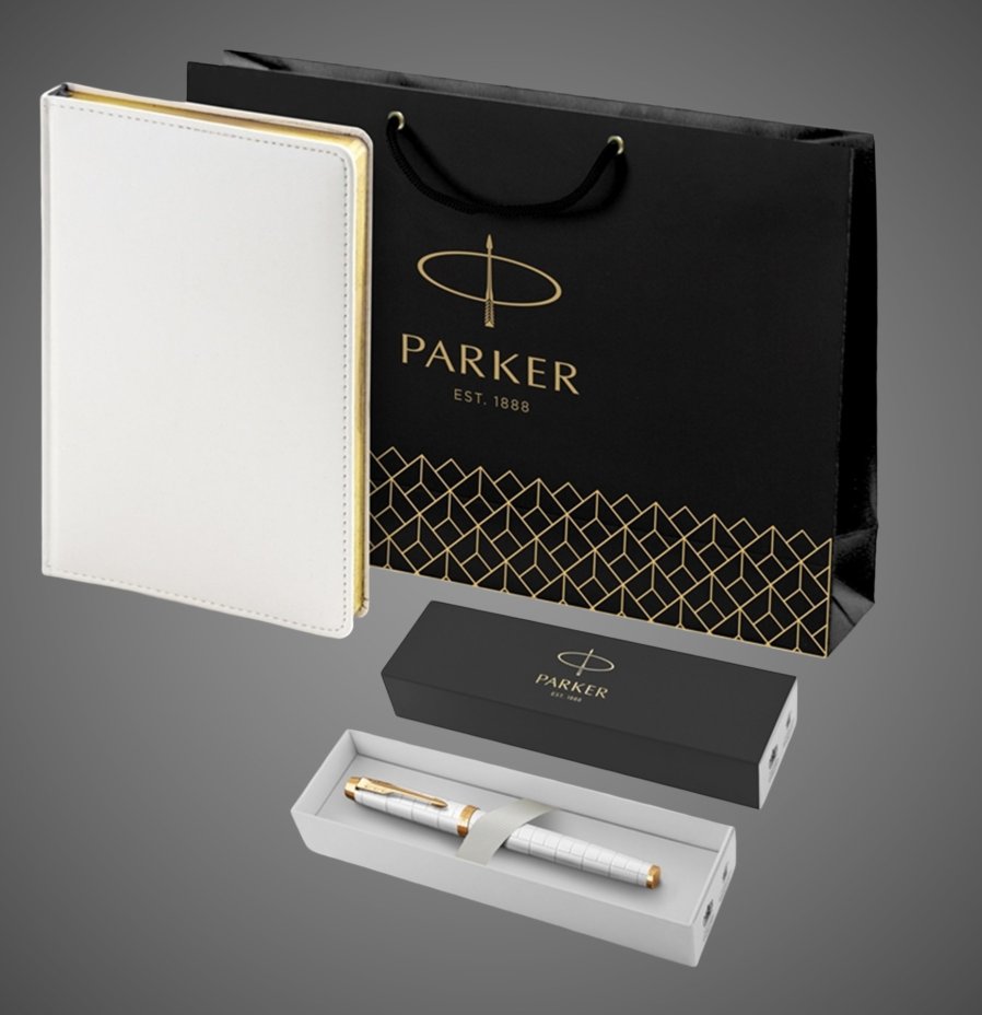 Подарочный набор: Ручка роллер Parker IM Premium T318 Pearl GT, цвет чернил черный и белый недатированный ежедневник с золотым срезом, Металлы: латунь, сталь