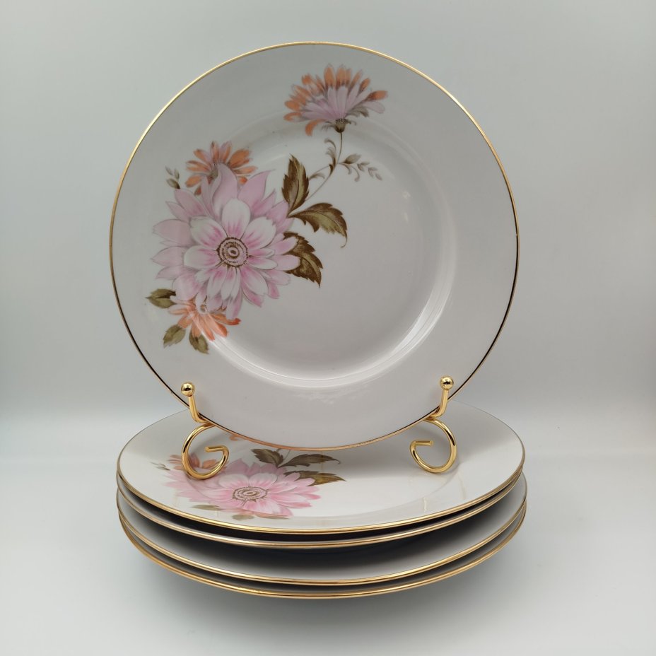 Набор десертных тарелок "Астры" на 5 персон, фарфор, деколь, золочение, Дулевский фарфоровый завод (Дулёво), СССР, 1968-1991 гг.